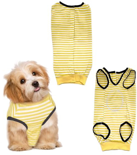 Combinaison de Récupération Post-Opératoire pour Chiens | Vêtement Protecteur Anti-Fuite en Tissu Souple et Respirant avec Bretelles Ajustables (Taille L - Rayures Jaune et Blanche)