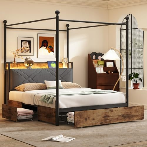 Dolamaní Cadre de lit à baldaquin 140 x 190 cm, avec tiroirs, éclairage LED et port USB-/type C, sommier à lattes et espace de rangement, lit simple/double (sans matelas) (noir B)