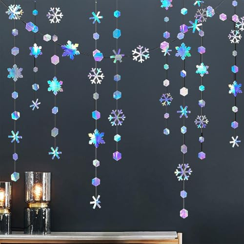 ZenyTra 3 Stück Schneeflocken Girlande 12m Set - Holografische Weihnachtsdeko zum Aufhängen, Winter Deko für Zuhause, Fenster, Party & Tannenbaum,Wonderland Deko für Innen & Außen