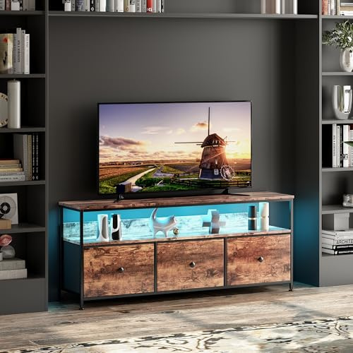 Meuble de Rangement avec Tiroirs en Tissu, Meuble TV Style Industriel Rétro avec Étagères, Cadre en Métal Noir, Plateau Effet Bois, Console pour Salon Chambre Entrée Bureau (Bois tigré, 108x30x78cm)