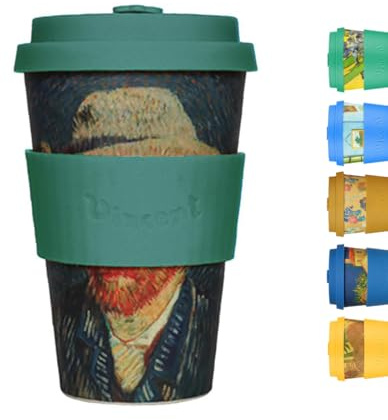 Ecoffee Cup 14oz 400ml Van Gogh Collection Reusable Eco-Friendly 100% Plant Based Coffee Cup with Silicone Lid & Sleeve - Melamine Free Dishwasher/Microwave Safe Travel Mug (Self Portrait)