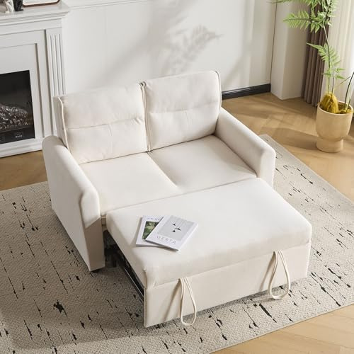 HMHKHN Sofa mit Schlaffunktion, Schlafsofa 2-Sitzer Ausziehbar mit Verstellbarer Rückenlehne, I-Form Couch mit Schlaffunktion für Wohnzimmer, Schlafzimmer Wohnzimmer, Beige
