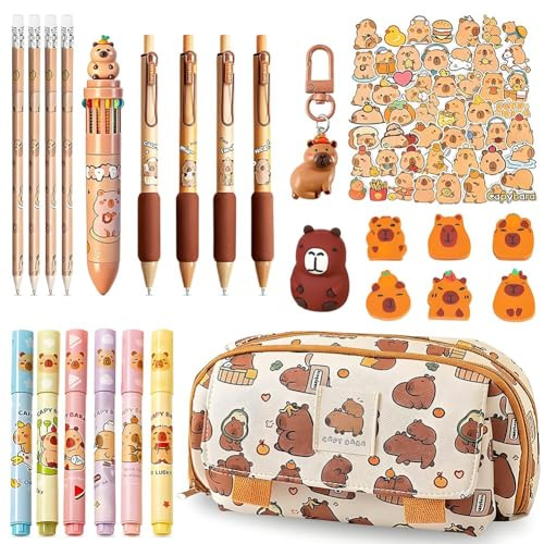 Capybara Pencil Case, 74Pcs Stationery Gift Set with Capybara Pens, Multi-Style Sliced Erasers, Stickers & Keyring, Cute Cartoon Animal Supplies for Students Office School