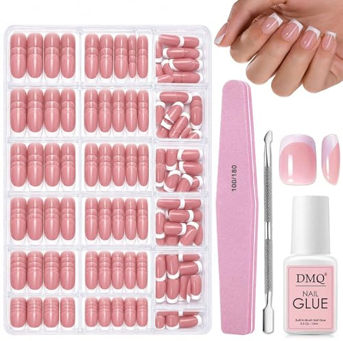 DMQ French False Nails, 240Pcs Square Press On Nails Short, French Tip Fake Nail Kit, Nude Pink White Full Cover Stick on Nail With Glue for Daily Wear