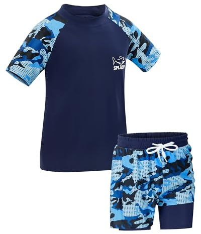 KAKU NANU Badset för pojkar (104–164 cm) 2-delad kortärmad Rashguard-skjorta med dubbla lager badshorts solskydd simkläder för barn, blå