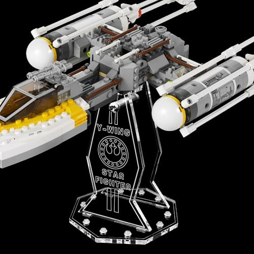 Premium Gravur Acryl Display Ständer kompatibel zu Lego 9495 Gold Leader´s Y-Wing Starfighter | 5mm Halterung | Hochwertiger Präsentationsständer | Schwebender Effekt | Drehbar & Neigbar | Nur Ständer