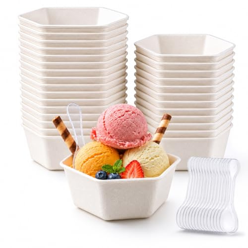 dellyy 50 Stück Papier Eisbecher 118 ml mit Löffel, Hexagon Pappbecher Einweg Dessertbecher Biologisch Abbaubare für Eis, Frozen Joghurt & Suppe, Auslaufsicher & Stabil, Pappgeschirr Set für Party