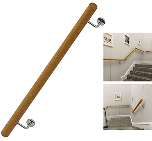 Genérico Kit Completo de pasamanos de Madera de 2 Metros (6,6 pies) para escaleras: Barra Antideslizante para Personas Mayores, barandilla de Escalera Interior montada en la Pared, balaustre sin barr