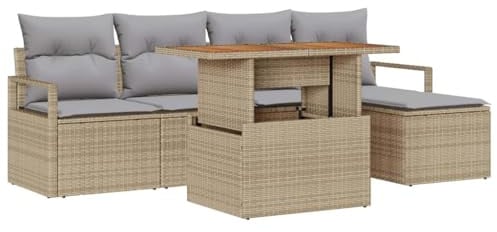 Goyphonic Trädgårdsmatgrupp 6 delar med kudde i beige och grå poly rotting möbelset av akaciaträ och pulverlackerat stål för terrass och utomhusbruk, bekväm soffa och bord