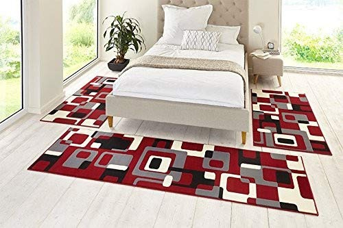 Hanse Home Teppich Bettumrandung Retro 3-teilig – Bettvorleger Velours Teppichläufer Kurzflor Modern Gemustert Läufer-Set für Kinderzimmer Schlafzimmer, Rot Grau 2x 70x140 cm 1x 70x230cm