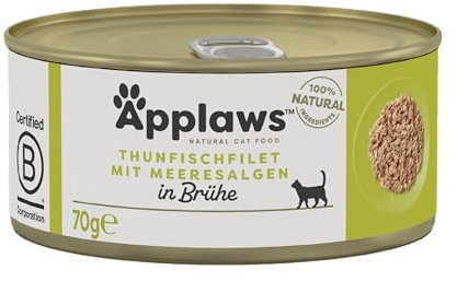 Applaws 100% natürliches Premium-Nassfutter für Katzen, Thunfischfilet mit Algen in Brühe für ausgewachsene Katzen - 24 x 70g Dosen