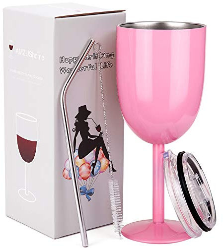 Amzushome Verre à vin en Acier Inoxydable – Double Paroi Isotherme incassable Verre à vin avec Couvercle et Paille (283,5 Gram) Rose
