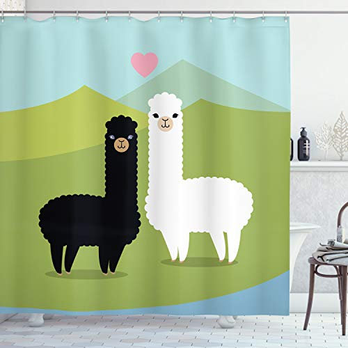 ABAKUHAUS Lama Duschvorhang, Tiere in Love on Hill, Stoffliches Gewebe Badezimmerdekorationsset mit Haken, 175 x 200 cm, Grün Blau