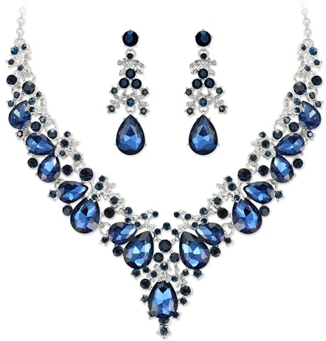 EVER FAITH Adorno Lujoso Forma de Mujer Gota de Agua Collar Diamante Pendientes de plastrón Colgante Redondo Rhinestone de Cristal Tono Plateado Azul