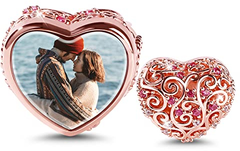 GNOCE Personalisiert Foto Charm Damen Bead Anhänger 925 Sterling Silber Mit Zirkonia 18K Rose Gold Perlen Charms für Armbänder Halsketten (Stil-1)