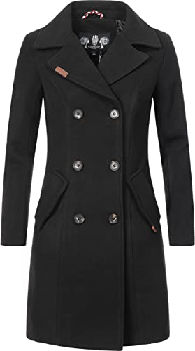 MARIKOO Damen Mantel in Wollmantel-Optik Langer Trenchcoat mit Reversekragen Nanakoo Schwarz Gr. S