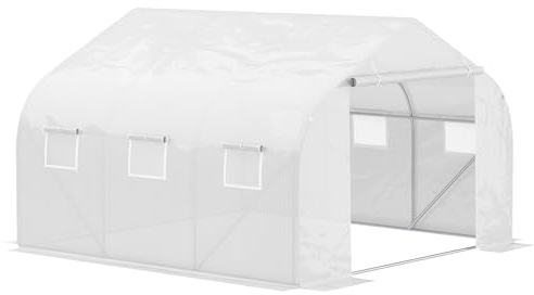 Outsunny Serre Tunnel de Jardin 3,5 x 3 x 2 m Grande Taille 6 fenêtres en PE Haute densité 140 g/m² Anti-UV avec Portes Zip enroulables Blanc