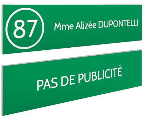 DECOHO - Plaque Boite aux Lettres Personnalisable - Lot de 2 plaques adhésives PVC Vert Pomme Blanc - 100x25 mm, Gravure Laser, Stop pub - Vert