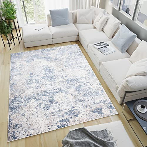 TAPISO Sky Teppich Kurzflor Blau Grau Patchwork Abstrakt 300 x 400 cm | Modern Meliert Verwischt Design Wohnzimmer Schlafzimmer 3D Optik OEKO-TEX