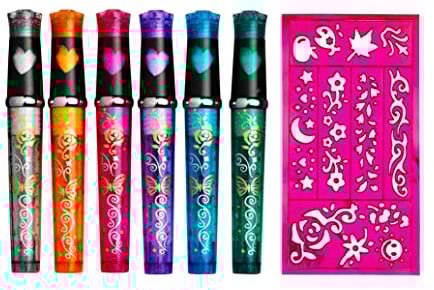 Panduro Tattoo Stifte Kinder Tattoo-6er Set Glitter Tattoo Stifte Kinder Hautfreundlich mit 1 Schablone mit unterschiedlichem Muster– Perfekt für Mädchen, Geburtstagsfeiern, Karneval und Weihnachten