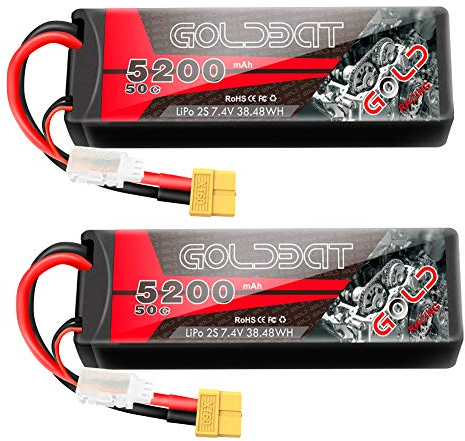 GOLDBAT 2S Lipo RC Akku 7,4V 50C 5200mAh LiPo Akku Hardcase Pack mit XT60 Stecker für RC Auto Evader RC Hubschrauber RC Truggy Buggy Evader BX Auto LKW Truck RC Hobby (2Packs)