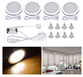 Midore LED Schrankbeleuchtung Unterbauleuchte 4er Set 10W Vitrinenbeleuchtung Rund Kabinett Beleuchtung mit Stecker und 3M Kleber für Kleiderschrank, Weinschrank, Küche