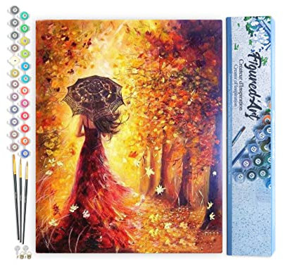 Figured'Art Peinture par Numéro Adulte Forêt d'Automne et Femme au Parapluie - Activité Manuelle Kit de Loisir Créatif DIY Numéro d'Art Complet - 40x50cm sans châssis en bois
