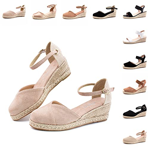 Hitmars Sandalias Mujer Verano Plataforma Alpargatas Cuñas Esparto Cerradas Planas Zapatos Tacón Medio Fiesta Tiras Vestir Punta Moda Beige 39 EU