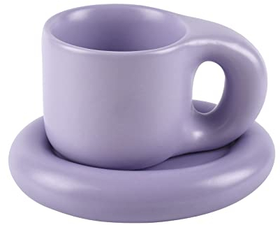 Koythin Ceramic Coffee Chubby Mug Saucer Set, Creative Cute Fat Handle Cup with Saucer for Office and Home, Dishwasher and Microwave Safe, 10 oz for Latte Tea Milk (Light Purple)