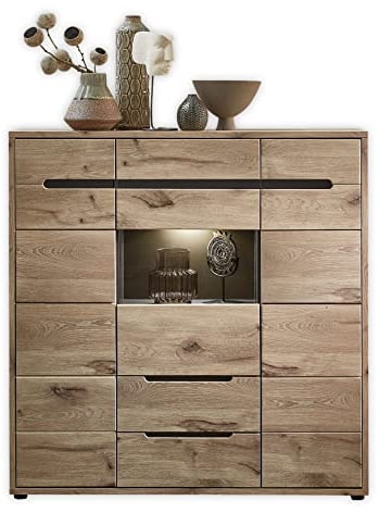 Stella Trading BELLANO Highboard in Viking Eiche Optik, Graphit - Moderner Wohnzimmerschrank mit Schubladen und LED-Beleuchtung - 125 x 128 x 38 cm (B/H/T)