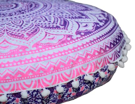 Runder Mandala-Bodenkissenbezug, Sitzkissen, Überwurf, Ottomane, Pouf, Bezug, Pompon, Hippie, dekorativ, Bohemian, Boho, Indisch, 55,9 cm (Rosa Weiß)