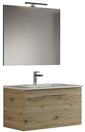 MaMa Store GEA1 80 - Mobile Bagno Sospeso 80 CM monocassettone Quercia Naturale Laccato con Lavabo, Specchio e Lampada LED, L.81 X P.45 X H.46 cm