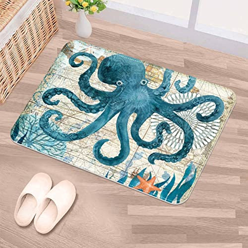 Door Mats Indoor Non-Slip Washable Floor Mat Entrance Rug Low Profile Door Mat for Outdoor, Indoor, Patio, Front Back Door 40cm x 60cm, Sea Octopus Nautical Blue Map