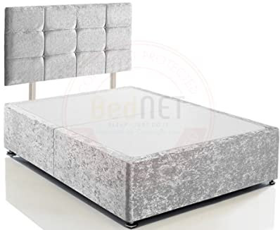 BEDNET Crushed Velvet Divan Bed Base Frame and Storage Drawers in Single Double King Size with Cube Headboards for Beds Bases (Silver Crushed, 3FT - Single with No Drawers)
