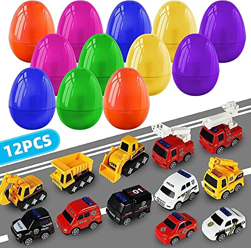 JIAABCHOMO Ostereier Plastik mit Auto-Spielzeug, 8cm Ostereier Zum Befüllen für Klassenzimmer, Füllungen, Party