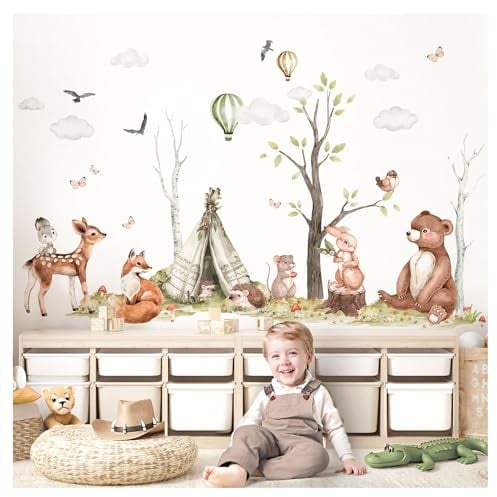 DEKO KINDERZIMMER Wandsticker XXL Waldtiere Set Wandaufkleber Bäume für Babyzimmer Wandtattoo Kinderzimmer Schlafzimmer Wanddeko DK1112-5