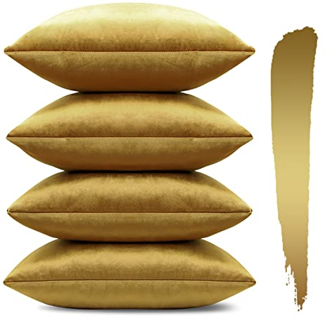 Sungeek 4er Set Samt Kissenbezüge 45x45 cm, Dekorativ Zierkissenbezüge Weich Kissenbezug Dekokissen Sofakissen Couchkissen Deko Bezug Kissenhülle für Sofa Schlafzimmer Wohnzimmer (Gold)