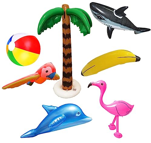 PIUMOJ Inflatable Palm Tree Toy Set, Inflatable Palm Trees, Inflatable Flamingos, Parrot, Bananana, Beach Balls, Toy for Summer, Swimming Pool, Hawaii, Decoration, Theme Party, 7 Pieces