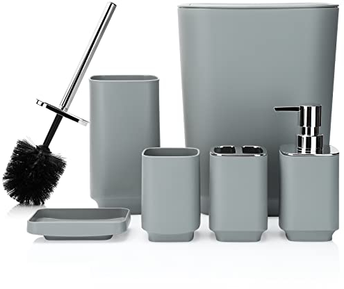 JOTOM 6 Pieces Bathroom Accessory Set Luxury Plastic Bathroom Accessories Set Trash Can Toilet Brush Set Toothbrush Holder Tumbler Soap Dish Soap Dispenser Bath Set Gift (Grey)
