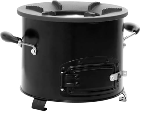 vidaXL Camping Ofen, Raketenofen mit Tür, Campingkocher mit 2 Griffen, Outdoor Holzofen für Camping Kochen im Freien BBQ, Schwarz Metall