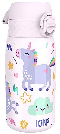 ION8 Gourde Isotherme Enfant, Inox, 320ml, Anti-Fuite, Facile à Ouvrir, Verrouillage Sécurisé, Lavable au Lave-Vaisselle, Poignée de Transport, Durable, Acier Inoxydable, Motif 3D Licornes