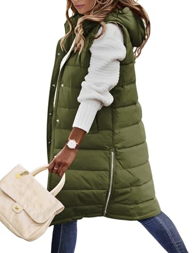Yuson Girl Gilet con Cappuccio Donna Cappotto Lungo Senza Maniche Tinta Unita Giacca Lunga Zip Up Cappotto Donna Invernale Leggeri Caldo Gilet Lungo con Tasche Autunno Invernale(Verde Esercito, L)