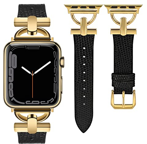 Wearlizer Lederarmband Kompatibel mit Apple Watch Armband 41mm 38mm 40mm 42mm 44mm 45mm 46mm 49mm,Elegant Leder Armband für IWatch Serie Utra 2/1 SE 10 9 8 7 6 5 4 3 2 1,Eidechse Schwarz/Gold