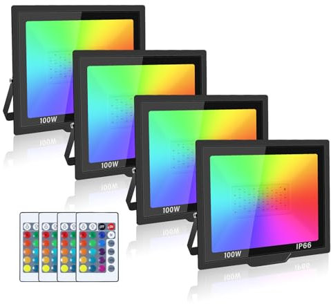 SKYWORLD 4 Stück LED Strahler Außen, 100W RGB Fluter mit Fernbedienung, LED Flutlichtstrahler Scheinwerfer mit 16 Farben 4 Modi, Wasserdicht für Aussen Innen Garten Baum Landschaft Stimmungslicht