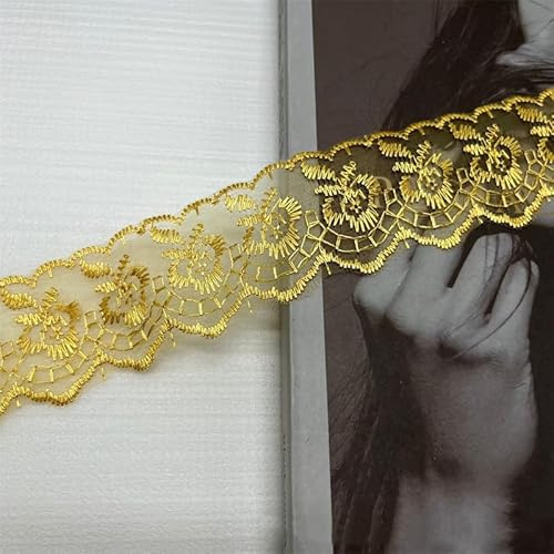 10 Yard Elastizität Spitzenborte Spitzenband 4cm Breite Spitzenstoff Spitzenborte Häkel-Borte mit Blumenmuster fur Hochzeitseinladung, Karten, Dekorieren,Nähen, Geschenkverpackung -Gold Gelb