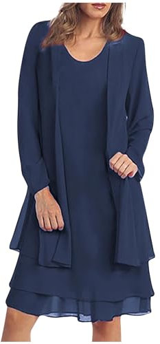 AMhomely Two Piece Dress Outfit Women Plus Size Elegant Dress Suits Mother of The Bride Sets Chiffon With Cardigan Solid Going Out Suits Partywear Wedding Guest Evening Outfit Navy 5XL