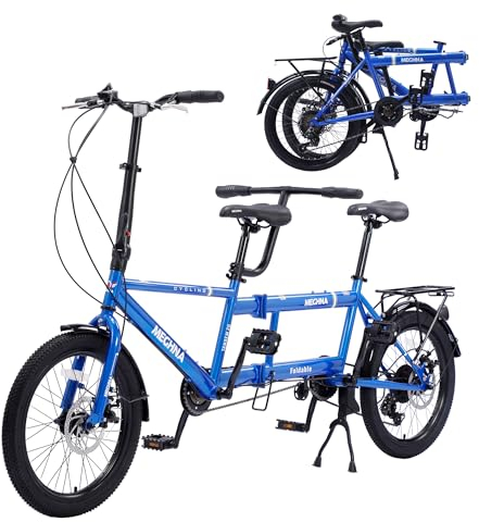 BIXUYOU Klappbares Tandemfahrrad, 20-Zoll-City-Tandem-Faltrad, verstellbares Tandem-Beach-Cruiser-Fahrrad, Faltrad mit 3 Sitzen für Erwachsene, 7 Geschwindigkeiten (Blau)