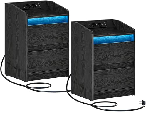 Hzuaneri Tables de Chevet avec lumières LED, Lot de 2, Station de Chargement et 2 tiroirs, Table d'appoint avec Ports USB et Prises électriques, pour la Chambre à Coucher, Noir NS30104X