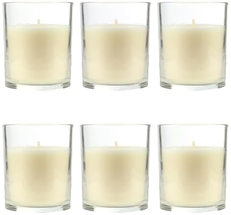 Pack de 6 Velas Aromáticas en Vaso de Cristal Reciclable 125g - 28h de Duración,Cera Vegetal Perfumada, Fabricadas en España, 8.5x7cm (Antiolores)