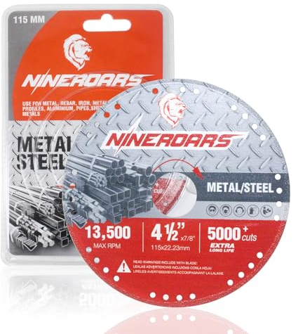 NINEROARS Diamant-Trennscheiben 4 1/2 Zoll Diamant-Metall-Trennscheibe für Winkelschleifer mit 7/8-Zoll-Dorn für 5000+ Schnitte auf Bewehrung, Metall, Stahl, Eisen